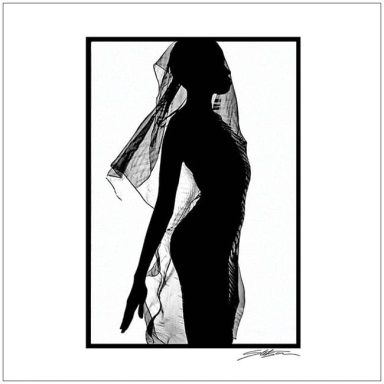 Silhouette of a woman in a flowing dress and veil against a light background.