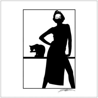 Silhouette of a woman in a dress posing beside a sitting cat.