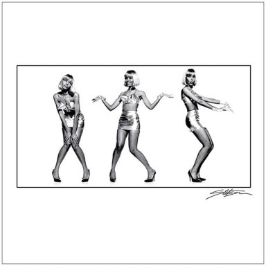 Three figures in shiny silver outfits striking playful poses on a white background.