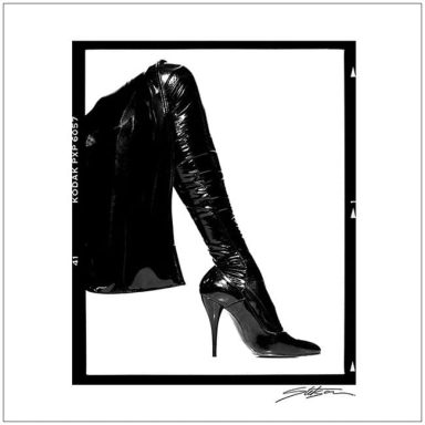 Black leather thigh-high boot with a high stiletto heel.