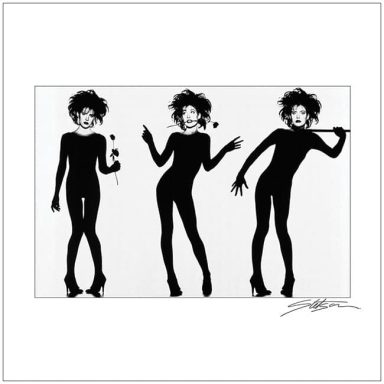 Three silhouetted figures in stylish poses with playfully exaggerated features.