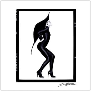 Stylised figure in a black catsuit with high heels, striking a confident pose.