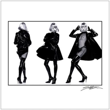 Three stylish figures in black outfits and high heels striking different poses.