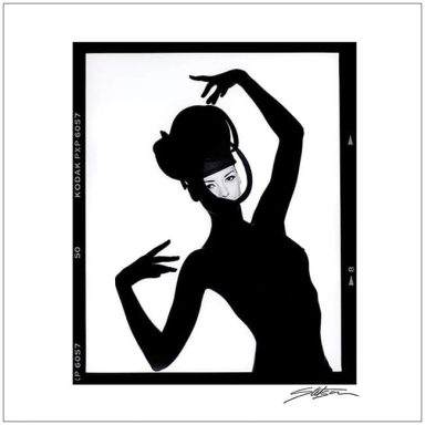 A black silhouette of a woman striking a dramatic pose against a white background.