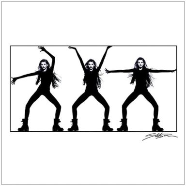 Three figures in black outfits and roller skates striking dynamic poses.