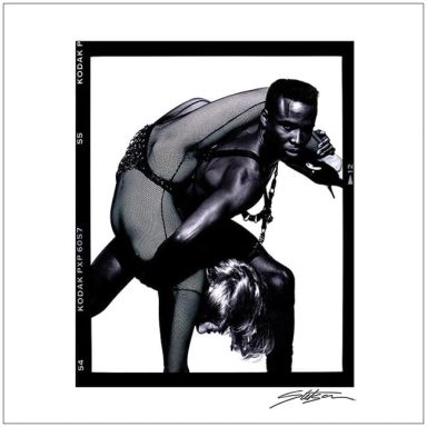 A dynamic black-and-white illustration of a man lifting a woman in an athletic pose.