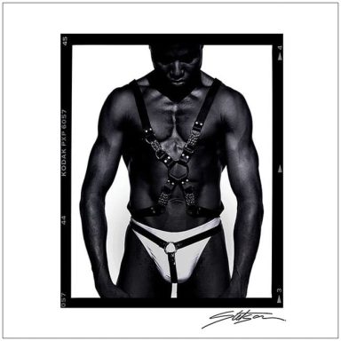 A muscular figure in a harness and briefs against a stark black background.