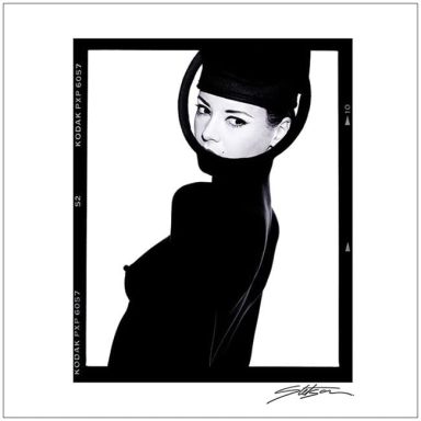 A stylised black and white illustration of a woman in a sleek, form-fitting outfit.