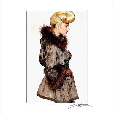 Fashion model in a stylish leopard-print coat with a fur collar and elegant hairstyle.